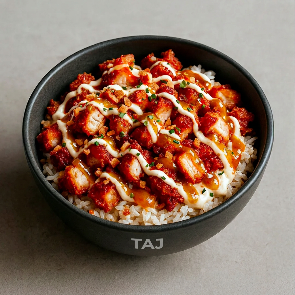 Illustration culinaire : Taj Crousty, bol de riz croustillant à la sauce aigre-douce