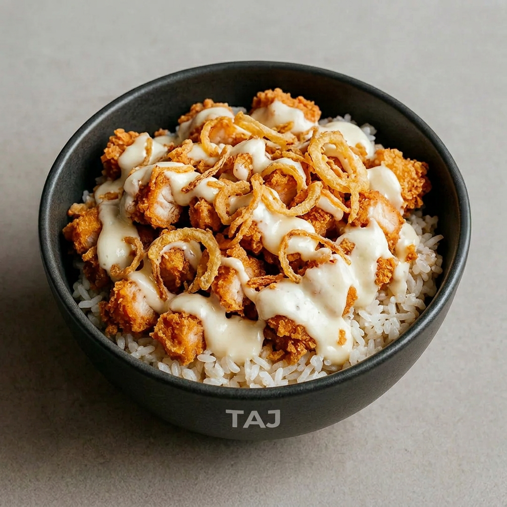 Illustration culinaire : Taj Crousty au poulet croustillant, sauce fromagère et oignons frits
