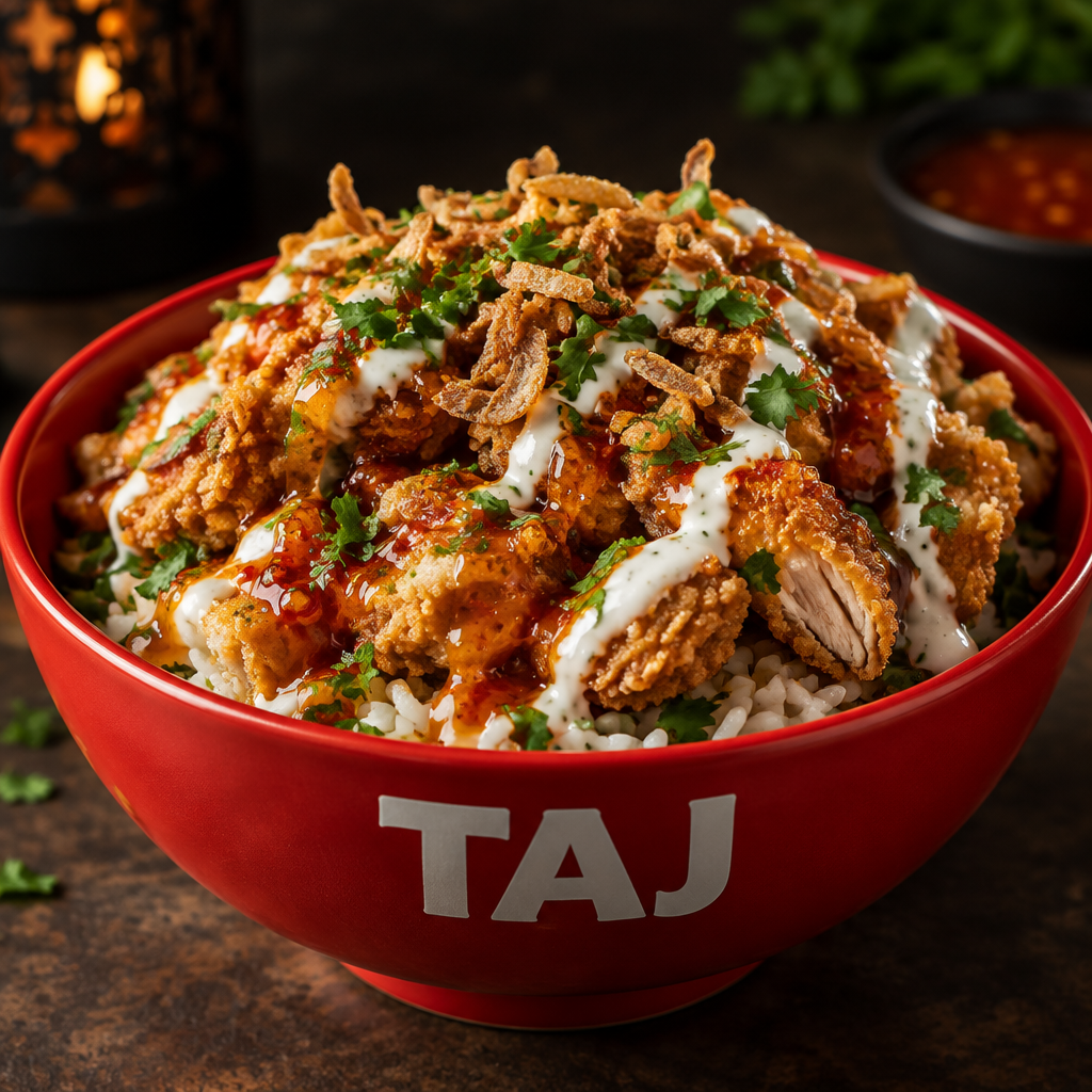 Illustration culinaire : Taj Crousty aux tenders dans un bol rouge