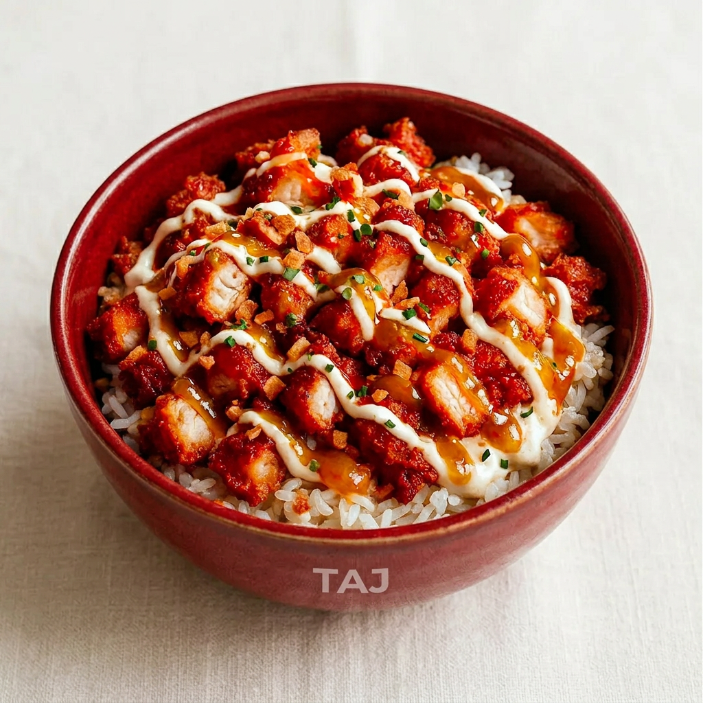 Illustration culinaire : Taj Crousty au poulet laqué dans un bol rouge
