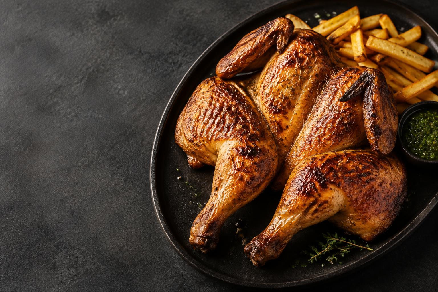 Illustration culinaire : poulet braisé doré accompagné de frites et de sauce verte